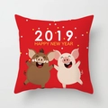Detail of red square pillowcase with Happy New Year 2019 cartoon pigs on soft fabric - Red 2019 New Year Pig Style (xmas7-16)