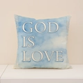 Linen pillow cover in sky blue with God is Love print and white botanical outlines - Sky Blue God Is Love Text Style (DP009-3)
