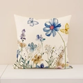 Fodera per cuscino in lino con stampa a fiori blu e farfalla gialla acquerello - Stile Fiori e Uccelli Freschi (SP019-1) / Federa