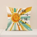 Linen pillowcase with 'Here Comes The Sun' lettering and artistic solar pattern - Here Comes The Sun Style(SMP065-3) / 45*45cm (Cover Only) / Off White