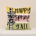 Linen spring pillow cover with Happy Spring text and black buffalo check bow detail - Patchwork Colors and Gingham Bow (SP017-3)
