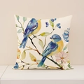 Fodera per cuscino in lino con uccelli blu e fiori rosa per divano e arredamento - Stile Uccelli sul Ramo (SP019-4) / Federa