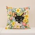 Nordic floral cushion cover with artistic black cat and watercolor spring flowers print - Black Cat and Narcissus Illustration (SP017-4)
