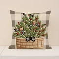 Kerstkussenhoes met geborduurde dennentakken en bessen op grijze geruite stof decoratie - 45*45cm (Alleen Hoes) / Xep005-1