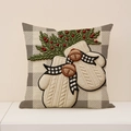 Kerst kussensloop met buffelruit patroon en geborduurde wanten en groene dennentakken - Kerstwanten Borduurstijl (XEP005-4)