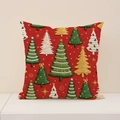 Roter Kissenbezug mit bestickten Weihnachtsbäumen und weißen Fransen-Quasten - Bunte Bäume Stil (EXP001-4)