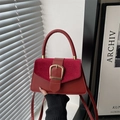 Red retro leather and suede handbag with gold buckle and adjustable strap - Red