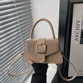Beige faux leather and suede small crossbody bag with a large gold buckle detail - Khaki