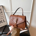 Caramel brown woven texture crossbody bag with gold U-buckle and top handle - Brown