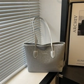 Silver-grey leopard embossed large tote bag with FASHION lettering for daily commute - Silver