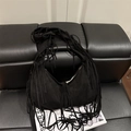 Retro black suede tassel hobo bag with fringe details and bohemian shoulder strap style - Black