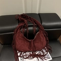 Dark red suede crescent hobo bag with long fringe tassels and drawstring detail - Red
