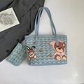 Grand cabas réversible bleu clair avec imprimé ours de dessin animé et motif en Y - Bleu