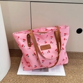 Borsa tote rosa con stampa a ciliegia, manici in pelle marrone e design in tela - Rosa
