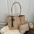 Brown faux suede tote bag set with matching pouch and woven rope handle charm - With Pendant / Khaki