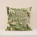 Federa in finto lino verde con motivo floreale e stampa con testo Hello Spring - Quadrato / Stile Hello Spring (2DSP012-2)