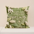 Linen pillowcase in sage green featuring 3D floral embroidery and Hello Spring text - 45x45cm (Single Cover) / Pea Green Hello Spring Style (2DSP012-6)