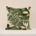 Dark green faux linen pillowcase with 3D floral embroidery and Bloom WITH Grace text - 45x45cm (Single Cover) / Dark Green Bloom With Grace Style (2DSP012-7)