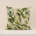 Linen texture pillow cover with 3D white floral applique and green leaves - 45x45cm (Single Cover) / 3D Floral Light Green Style (2DSP012-8)