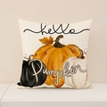 Leinen-Kissenbezug quadratisch mit Kürbis-Aquarell-Druck und hello Pumpkin Schriftzug - Dreifarbige Kürbisse (Hello Pumpkin) (FP001-4)