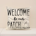 Linen pumpkin throw pillow cover with Welcome to our Patch print for autumn home decor - Simple Text Pumpkin (Welcome to our Patch) (FP001-6)