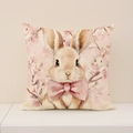 Linen Easter pillow cover with cute bunny and pink bow tie watercolor print - 45x45CM (No Core) / Rabbit with Pink Bow and Cherry Blossoms (EP005-5)