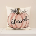 Linen pumpkin throw pillow cover with blessed text for Thanksgiving home decor - Pink Pumpkin (Blessed) (FP001-9)