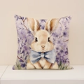 Linen Easter pillowcase featuring a cute watercolor rabbit with purple flowers - 45x45CM (No Core) / Rabbit with Blue Bow and Lavender (EP005-9)