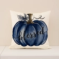 Linen pillow cover featuring a blue watercolor pumpkin and 'blessed' text for autumn - Dark Blue Pumpkin (Blessed) (FP001-13)
