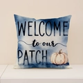 Linen pillow cover with blue watercolor background and Welcome to our Patch pumpkin design - Dark Blue Welcome (Welcome to our Patch) (FP001-15)