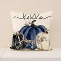 Linen autumn pillow cover with three pumpkins and hello pumpkin text decoration - Blue Tone Pumpkins (Hello Pumpkin) (FP001-16)
