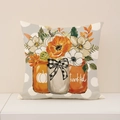 Herbst-Kissenhülle mit Kürbis, Blumen und Thankful-Schriftzug auf grauem Punkte-Stoff - Grau Punktiert Blumen Glas Thankful Stil (FP013-3)