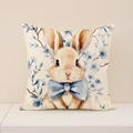 Linen Easter pillow cover featuring a watercolor brown rabbit with a blue bow tie - 45x45CM (No Core) / Rabbit with Blue Bow and Flowers (EP005-13)
