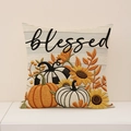 Fodera per cuscino autunnale con zucche ricamate, girasoli e scritta Blessed - Righe Grigie (FP013-8)