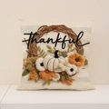 Fodera per cuscino autunnale con ghirlanda di zucca 3D e ricamo scritta Thankful - Righe Grigie (FP013-9)