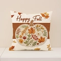 Linen pumpkin throw pillow cover with Happy Fall embroidery for farmhouse sofa decor - Pumpkin Outline Greeting Style (FP002-6)