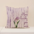 Fodera per cuscino in lino con tulipani viola e stampa How lucky you are su fondo bianco - Striscia Viola Tulipano Citazione (SP014-2)