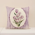 Federa in lino con tulipani stile pittura a olio e motivo a strisce decorative - Striscia Viola Bouquet di Tulipani (SP014-3)