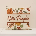 Linen autumn pumpkin pillow cover featuring Hello Pumpkin embroidery and colorful fall leaves - Hello Pumpkin Coarse Texture Style (FP002-14)