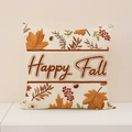 Linen pumpkin throw pillow cover with Happy Fall embroidery and autumn maple leaves - Cream Mixed Greeting Style (FP002-15)
