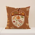 Caramel linen pillowcase featuring fall acorn print with autumn maple leaves and berries - Fp002-16 / 45*45cm (Single Pillowcase)