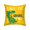 Detail of yellow pillowcase featuring a cartoon dinosaur and Call Me Cool Dude slogan - Yellow Graffiti Dinosaur Style ((7)DM275)