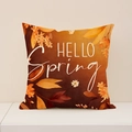 Linen cushion cover with orange floral pattern and Hello Spring artistic text - Hello Spring Orange Red Autumn Style (SP012-13)