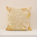 Linen cushion cover with yellow flowers and Bloom WITH Grace text on beige fabric - Bloom With Grace Beige Small Floral (SP012-14)