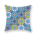 Square pillow cover with vintage Moroccan blue and yellow geometric tile patterns - Retro Moroccan Blue Yellow Tile (DM26-16)