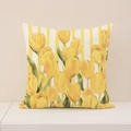 Linen pillowcase with yellow tulip oil painting print and yellow vertical stripes - Yellow Tulip Vertical Stripes Style (SP055-1)