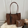 Brown retro tote bag with matching pouch and ribbon, minimalist winter通勤 style - With Pendant / Brown