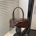 Retro dunkelbraune Handtasche aus Öleleder mit Gürtelschnalle und Goldreißverschlüssen - Braun