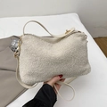 Creamy white plush lamb wool shoulder bag with soft leather strap and gold metal lock - White