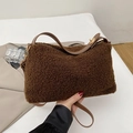 Brown teddy fleece shoulder bag with faux leather strap and golden hardware - Brown